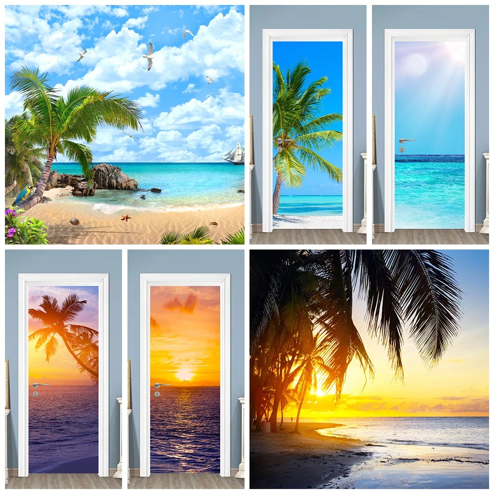 Home Textiles Meaning - Stiker Pintu Pantai Tropis 3D Pemandangan